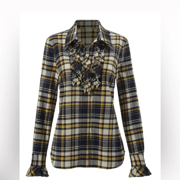 Cabi Seattle shirt Plaid Ruffle Women's Top - Navy and Yellow - Picture 1 of 3